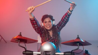 woman celebrating with a band